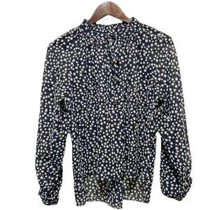 Elan. Womens Sz M Long Sleeve Cuff High-Neck Uneven Stars Print Top Shirt Black